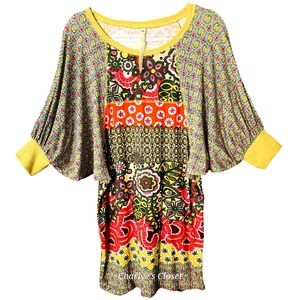 Uncle Frank Patchwork Boho Multi Dolman Sleeve Pull-on Tunic Dress Top XS (XS-M)
